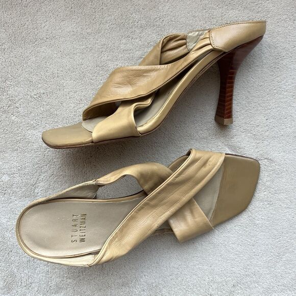 Stuart Weitzman Camel Brown Leather Slide Heeled Sandals Women 5.5 M Crossover - Picture 16 of 16